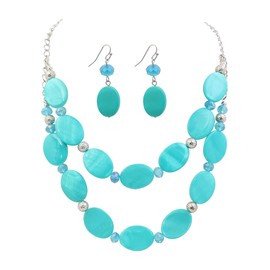 Xalroco 2 Layered Chunky Beaded Necklace for Women Colorful Shell Beaded Chain Statement Necklaces and Earring Sets for Holiday Gifts (Teal Blue)