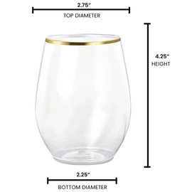 Smarty Had A Party Clear Plastic Wine Glasses With Gold Stemless Design (16 Oz.) - Pack Of 16 - Disposable & Classy, Perfect for Weddings, Parties & Special Occasions