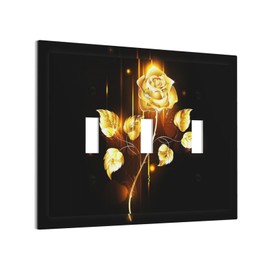 Black and Golden Rose Gold Sparkle Brass Flower Romantic Floral Print 3-Gang Device Triple Toggle Outlet Light Switch Wall Plate Covers Electrical Medium Size Faceplate Decorative Switchplate