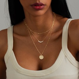 Feskive Layered Gold Necklaces for Women, Stackable Stack 14K Gold/Silver Plated Herringbone Hangtag Diamond CZ Pendant Necklaces Trendy Gold Jewelry Set Gifts for Women