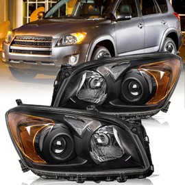 Aosky Halogen Model Headlight Assembly Compatible with 2009 2010 2011 2012 Toyota Rav4, Black Housing with Amber Reflector