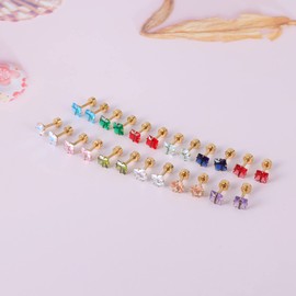12 Pairs Surgical Stainless Steel Flat Back Stud Earrings, Screw Back Gold Plated Square Teardrop Cubic Zirconia CZ Birthstone Stud Earrings Set (Gold square 4mm)