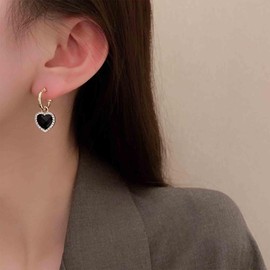 Inateannal Vintage Crystal Heart Drop Earrings Black Heart Onyx Earrings Black Heart Hoop Huggie Earrings Gold Cz Love Heart Earrings Jewelry for Women and Girls