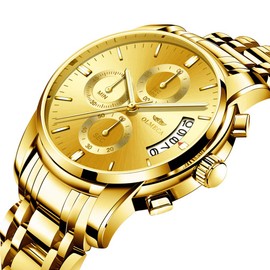 DREAMING Q&P Gold Plating Men's Analog Quartz Mutifunctional Watches for Man Stainless Steel Strap Gold Face Wristwatch