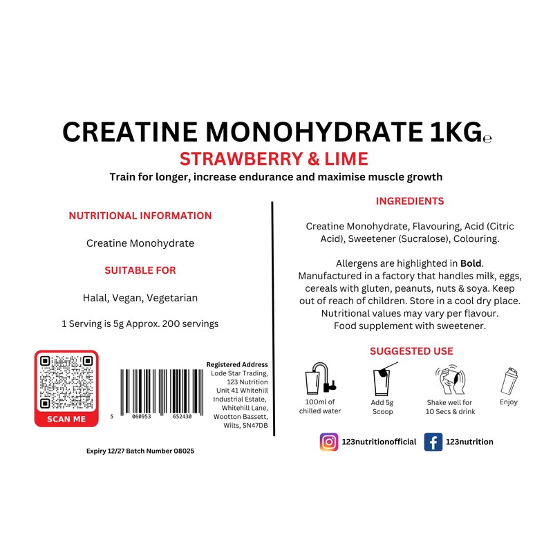 123 Nutrition 123 Nutrition Creatine Monohydrate 1kg, Flavoured, Micronised Creatine