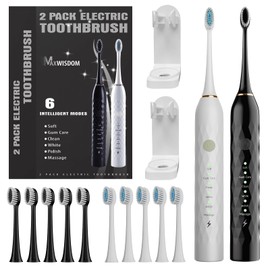MAXWISDOM Electric Toothbrush 2 Pack - Electric Toothbrush for Adults with 10 Replacement Brush Heads, 2 Toothbrush Holders, 6 Modes, Smart Timer, 2 Hours Charge for 60 Days (Black & White)