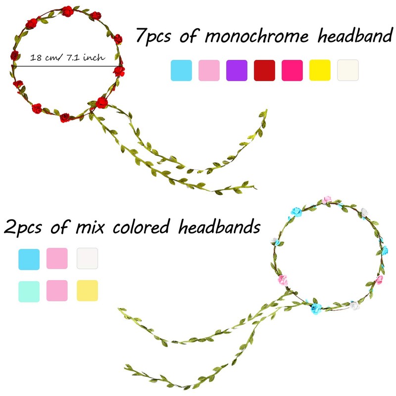 FEPITO 9 x flower crown, multicoloured flower wreath, flower garland,