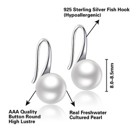 Pearl Earrings For Women, 925 Sterling Silver Freshwater Cultured Pearl Drop Dangle Hook Earring Jewellery (White Gold Plated Sterling Silver,8.0-8.5mm)