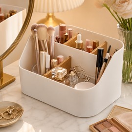 Desktop Makeup Organizer for Vanity and Desk - Plastic Storage Box with Detachable Divider for Brushes, Cosmetics, Lipsticks and Stationery