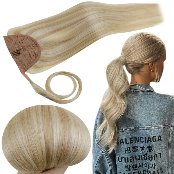 RUNATURE Blonde Ponytail Extensions Human Hair Highlight Ash Blonde Ponytail Hair Extensions Real Hair Clip in Ponytail Extensions Human Hair 18 Inch 80g
