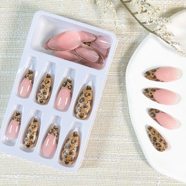 Ohhmisis Almond Press on Nails Medium, Gold Leopard Fake Nails with Glue, French False Nail Tips Glue on Nails Artificial Stick on Nails Finger Manicure for Women 24 Pcs