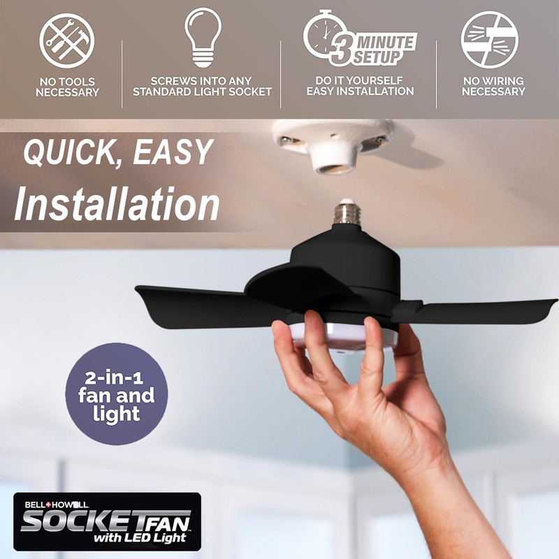 Bell+Howell Socket Breeze Deluxe, Small Ceiling Fan with LED Light