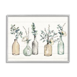 Stupell Industries Bottles and Plants Farm Wood Textured, Design by Anne Tavoletti Wall Art, 11 x 14, Multi-Color for Living Room, Grey Framed