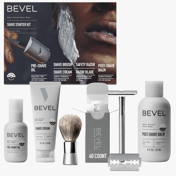 Bevel Shaving Kit for Men, Includes Safety Razor with 40 Replacement Blades, Luxury Shaving Brush, Pre Shave Oil, Shave Cream and Post Shave Balm (Packaging May Vary)