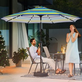 JEAREY Upgrade 9FT LED Lighted Patio Umbrella, Solar Outdoor Umbrella, Tilt Table Umbrella for Pool, Deck & Yard (Blue Green Striped)
