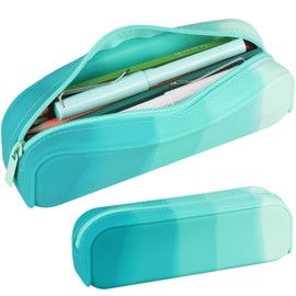 Pencil Holder Case, Gradient Color Silicone Waterproof Pencil Pouch, Portable Silicone Pencil Bag Aesthetic Zipper Pencil Pouch for School Supplies Office College Teen Girls Adults (Green)