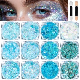 Face Hair Body Glitter, 12 Shapes Fine Chunky Glitter Gel for Women Girls Kids Makeup, Body Hair Nail Face Paint for Rave Accessories Singer Concerts Mermaid Festival (Blue Scheme)