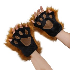 HKSICHENGKEJIUK Women Cat Paw Gloves Mittens Plush Warm Winter Wolf Paw Handwear Cute Fluffy Cartoon Half-Finger Gloves Fancy Dress Party Novelty Furry Cat Lion Cosplay Prop