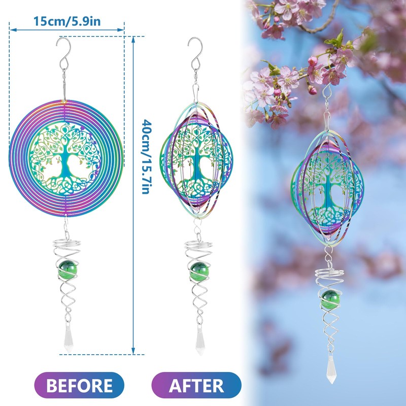 Stainless Steel Hanging Wind Spinner, 3D Rotating Wind Chimes, Tree