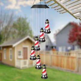 Lighthouse Solar Windchimes Outdoor Lighthouse Decorative Wind Chimes Solar Hanging Lighthouse Outdoor Garden Lighthouse（Red）