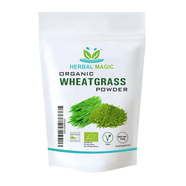 Herbal Magic's’s Organic Wheatgrass Powder, Natures Most prized Plant, Ideal for Juice,Wheat Grass Shots, Smoothies, Superfood - of&G UK Organic Certified 100g