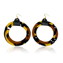 Mud Cloth Print Hoop Earrings | Brown, Gold, Yellow, Black, White Earrings | Large African Earrings | Cloth & Cord