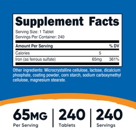 Nutricost Iron (As Ferrous Sulfate) 65mg, 240 Tablets - Non-GMO, Gluten Free
