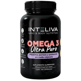Inteliva Omega 3 Ultra Puro con 810 mg de Omega 3 por cápsula. Con 400mg de EPA & 300mg DHA por porción. De origen natural obtenido de Peces Oceánicos de Aguas Profundas. Libre de Metales. 90 Cápsulas