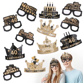 12Pcs 40th Birthday Decorations Kits, Stylish Birthday Paper Eyeglasses 40th Birthdays Crowns Hats with Gold Glitter, Photo Booth Props Supplies Ideal Him Her Girls Women Party Favors Decors