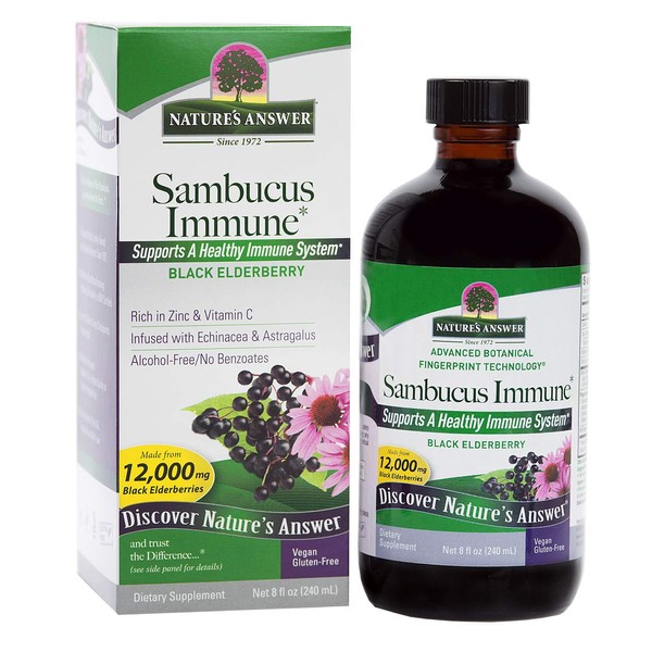 Nature's Answer Alcohol-Free Sambucus Immune Support, 8 Fluid Ounce - Made from 12,000 mg Black Elderberry, Infused with Echinacea and Astragalus Zinc and Vitamin C