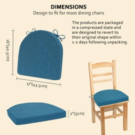 ELFJOY U-Shaped Chair Cushions for Dining Chairs Set of 4 Thick Non-Slip Chair Pads with Ties Memory Foam Linen Seat Cushion for Chair (17"×16" Blue)