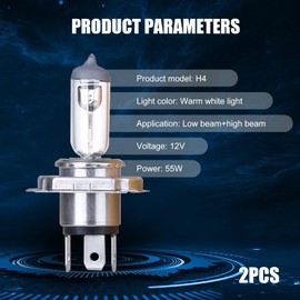 UGSHY 2 PCS H4 Automotive Halogen Bulb, 12V 55W 60,000 Hours Service Life High-transmission Quartz Glass High Low Beam, Lighting Replacement Accessories, Compatible with Most Car Models (White)