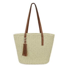 Womens Large Straw Tote Bag Handmade Woven Shoulder Tote Handbag Summer Beach Purse with Tassel (Beige)