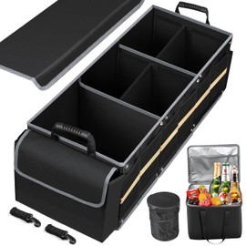 Wenmenfar Car Trunk Organizer,Collapsible Trunk Organizer + Insulated Leak Proof Cooler Bag and Trash can- Perfect for Camping or Picnic - Adjustable Securing Straps(Black)