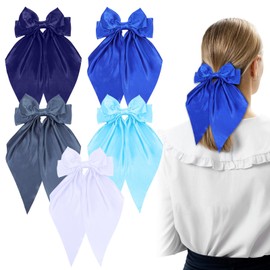 TIESOME 5Pcs Silky Satin Hair Bows for Women, Large Ribbon Bows Hair Clips Long Tail Hair Ribbon Accessories Coquette Hair Barrettes(Blue)
