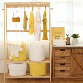 Sea Team Medium Size Cotton Rope Woven Storage Basket with Handles, Laundry Hamper, Trunk Organizer, Clothes Toys Bin for Kid's Room, 13.8 x 10.2 inches, Round Open Design, Yellow