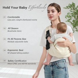 MISSWISDOM Baby Sling Carrier, Toddler Carrier Sling with Double Safety Buckle and Adjustable Shoulder Strap(7-30lbs), Baby Carriers One Size Fits All, Beige