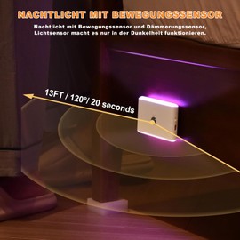 Justup Justup Nachtlicht mit Bewegungsmelder, 7 Farben Wiederaufladbares LED Nachtlicht, Dimmbare Mini Treppe Lichter Flur Licht, Auto EIN/AUS fr Kinderzimmer, Flur, Treppe, Schlafzimmer & Schrank (2 Stck)