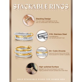 FANCH Gold Stackable Rings for Women Stainless Steel 14K Gold Plated Cubic Zirconia Rings Interlocked Statement Multi Rings Silver Gold Toned Connected Bands Fidget Rings Non Tarnish P1/2