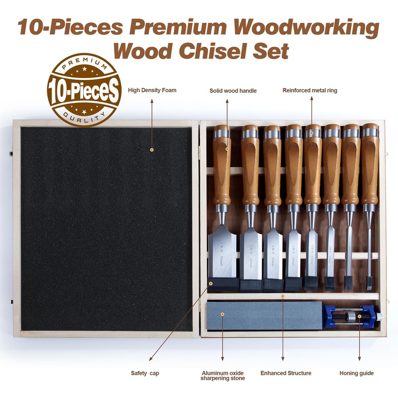 10 Pieces Wood Chisel Set, 1/4"~2" Woodworking Chisel Kit with