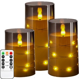 Kiexung Flashing Flameless Candle with String Light, Battery Powered Candle, Recessed String LED Candle, Indestructible Plexiglass Candle with Remote Control, Set of 3, Grey