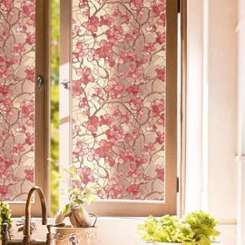 Golden Red Peach Flowers Stained Glass Window Films Decorative Double-Side Privacy Film Self-Adhesive Static Glass Window Clings for Living Room Bathroom Glass Windows Decor