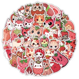 Strawberry Cat Stickers, 50 Pieces Cute Animals Sticker Packs for Boys Girls Teenagers, Vinyl Waterproof Cartoon Strawberry Cat Stickers