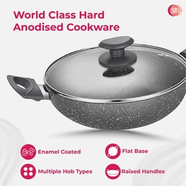 STL Hard Anodized Deep Kadhai with Lid 26cm, 4mm Thick, Natural Stick-Free, Scratch Resistant, Durable, Metal Spoon Friendly, Induction & Gas Compatible