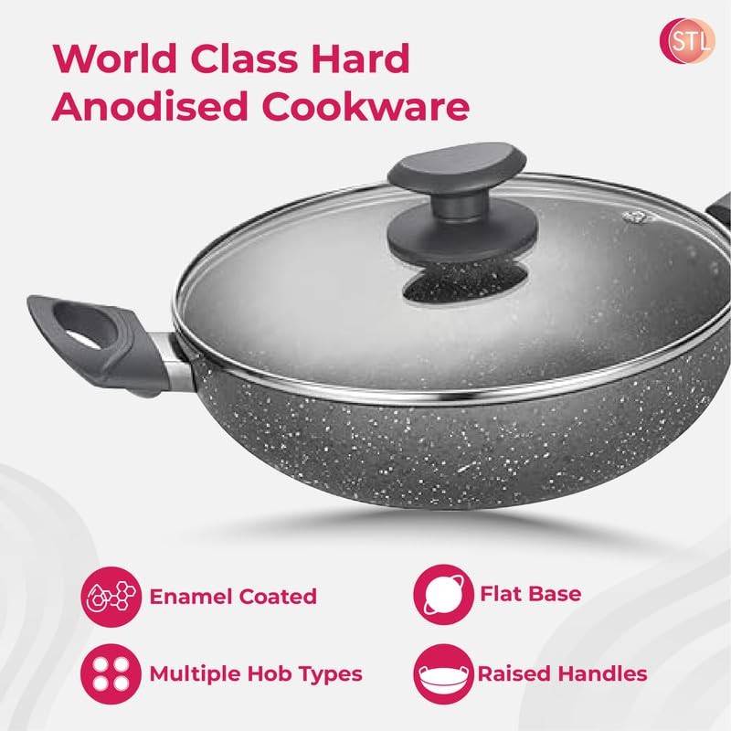 STL Hard Anodized Deep Kadhai with Lid 26cm, 4mm Thick,