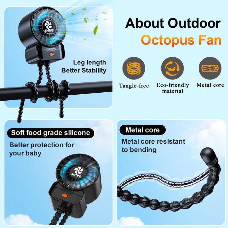 AMTIFO 2-Pack Stroller Fan for Baby: USB Rechargeable, Quiet, Adjustable
