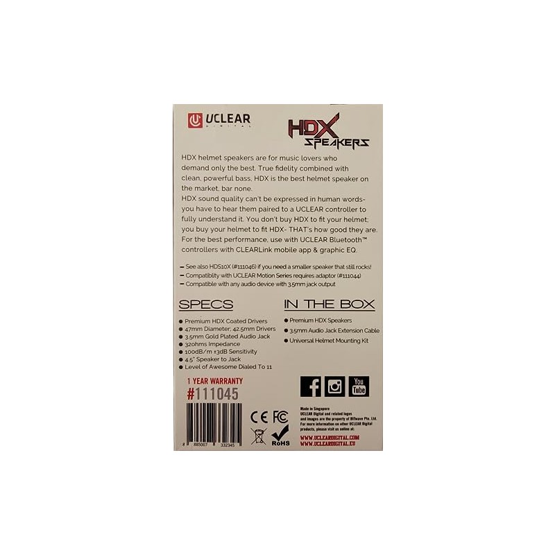UClear Digital HDX 47mm Diameter Helmet Speaker Set 3.5mm Jack