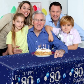 GREHUMOR 3Pcs 80th Birthday Tablecloth Decorations Sliver and Blue Table Cover Plastic 80th Happy Birthday Party Supplies for Men Women Disposable Waterproof Birthday Table Decorations…