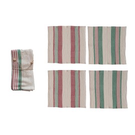 Creative Co-Op 18' Square Cotton Napkins w/Stripes & Jute & Wood Ring Tie, Multi Color, Set of 4