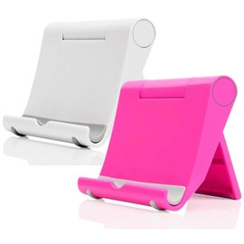 JUSDIQIR Cell Phone Stand for Desk 2 Pack Mobile Phone Holders Desktop Tablet Stand, Foldable Phone Dock Universal Adjustable Tablet Stand for Desk Compatible with Cell Phone Support (White+Pink)